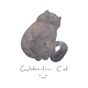 在白色背景上查出的水色灰色黑猫。可爱的简单的动物手画。插图样式。小猫的标志或符号。画图元素。水彩快乐宠物。儿童形象