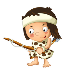 卡通场景与快乐的洞穴人野蛮战士渔夫白色背景插图儿童