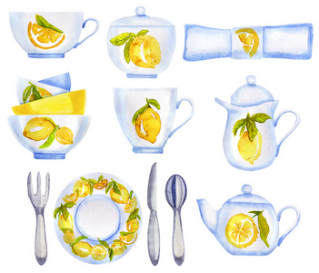 水彩茶具与柠檬在白色