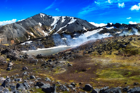 令人惊叹的自然景观，熔岩场和彩色火山山，兰德曼纳拉加，在fjallabak自然保护区，冰岛风景，全景，户外旅行背景