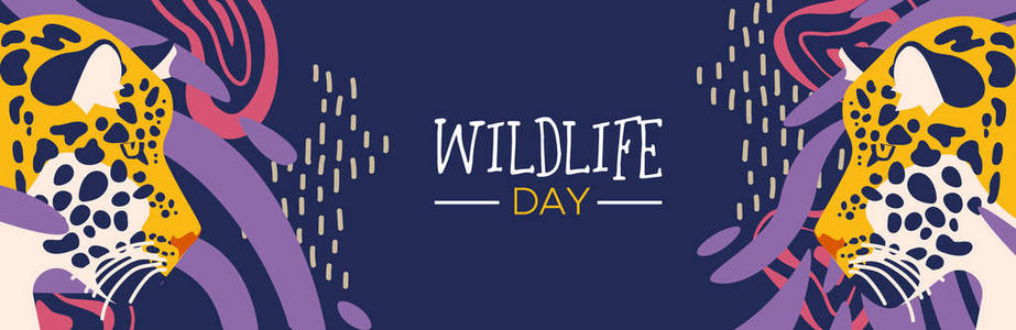 快乐野生动物日网页横幅插图。 野生豹与抽象的非洲丛林装饰动物护理和保护。
