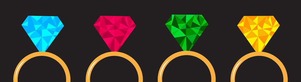 婚礼黄金钻石戒指套线。 蓝色，粉红色，绿色，黄色。 多边形效应。 平面设计。 爱的婚礼仪式。 黑色背景。 孤立的。 矢量插图