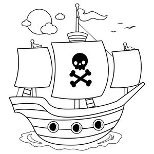 海盗船。黑白着色书页