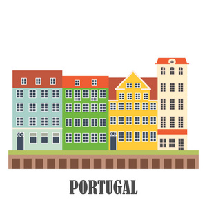 葡萄牙地标设置。 旧波托。 古镇的景观。 葡萄牙地标旅游收藏。 矢量插图
