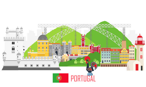 葡萄牙一套地标图标的平面风格多姆路易斯I桥辛特拉市卡波德罗卡贝莱姆塔旧波尔图。 旅游观光收藏。 矢量图。