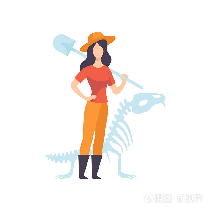 女性考古学家或古生物学家人物站在铲子向量例证
