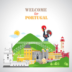 葡萄牙背景与国家地标图标的平面风格。 旅行社的图标。 矢量图。