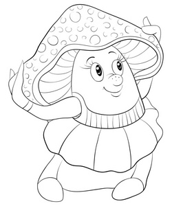 一个可爱的卡通蘑菇形象，用于放松活动。一个为儿童着色的书页。线条艺术风格插图为打印。海报设计。