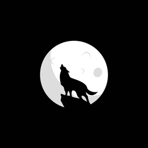 狼月亮标志设计。 狼图标平面矢量插图的标志。