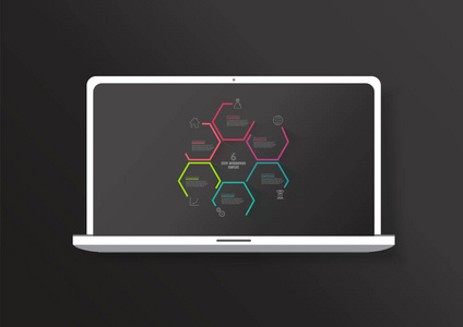 六个彩色六边形矢量进度步骤插图与图标和位置为您的公司信息显示在笔记本电脑屏幕上。