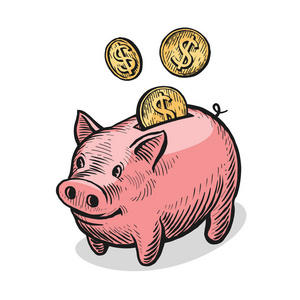 小猪银行和金币。货币银行金融理念。向量例证