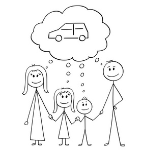 家庭的动画片, 一对男人和女人和两个孩子思考买车