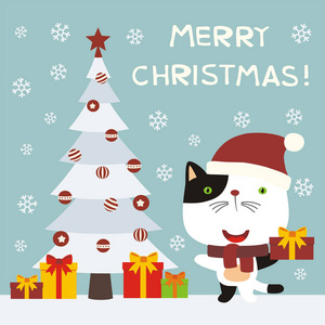 圣诞快乐贺卡与可爱的卡通人物小猫戴着红色圣诞老人帽和礼物在树附近