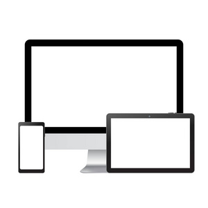 逼真的电视显示器笔记本电脑和平板电脑模型与白色屏幕。向量