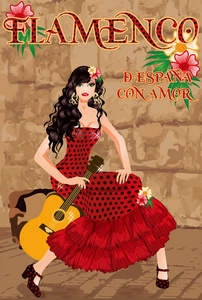 弗拉门戈翻译是来自西班牙的爱。 带西班牙吉他的美女。 弗拉门戈派对卡。 矢量插图