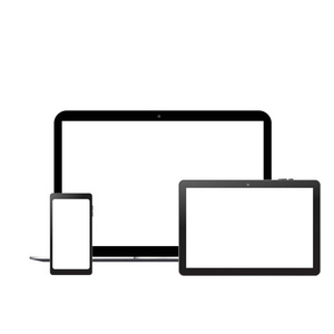 逼真的智能手机笔记本电脑和平板电脑模型与白色屏幕。向量