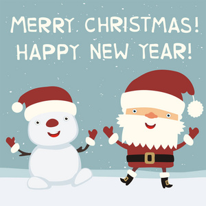 圣诞快乐，新年快乐，圣诞老人卡通人物和雪人贺卡