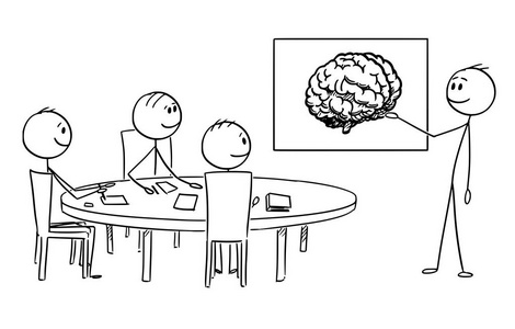 头脑风暴业务团队的动画片, 商人指向大脑形象