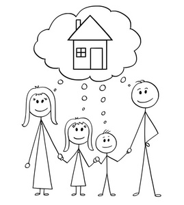 家庭的动画片, 一对男人和女人和两个孩子思考购买家庭之家