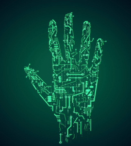 创意绿色电路手在黑暗的背景。 机器人和人工智能概念。 3D渲染