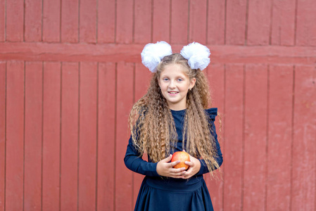 一个快乐的学校女孩的肖像，头上戴着红苹果。 告别钟声。 一天的知识。 学年开始。 情感肖像特写。 快乐的假期