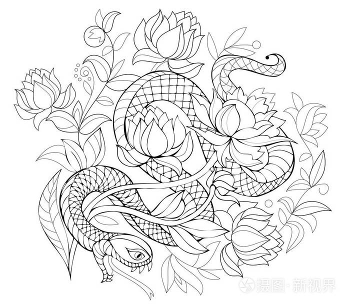 丛林中的程式化蛇. 彩色书的黑白页.