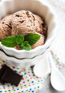 在混凝土背景上放一碗巧克力冰淇淋