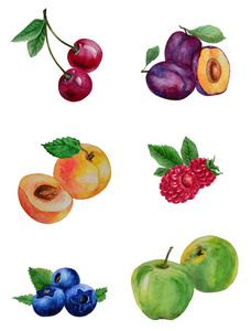 水彩画一套明亮的水果隔离在白色的背景上。 介绍了桃覆盆子樱桃苹果李子蓝莓的果实。 手绘壁纸面料设计。