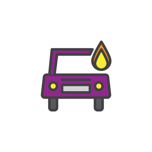 燃烧汽车填充轮廓图标线矢量标志线性彩色象形文字隔离在白色上。 汽车在火焰符号标志插图。 像素完美矢量图形