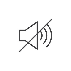 静音音线图标轮廓矢量符号线性风格象形文字隔离在白色上。 扬声器静音符号标志插图。 可编辑行程
