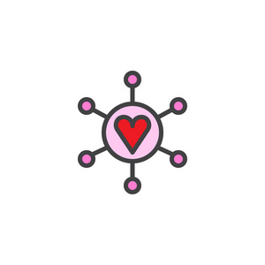 红色心脏连接填充轮廓图标，线条矢量符号，线性彩色象形文字隔离在白色上。情人节符号，标志插图。像素完美矢量图形