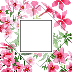 粉红的意义上的森林花。水彩背景插图集。框架边框装饰正方形
