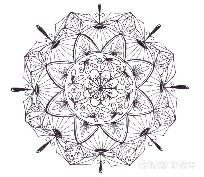 手绘黑色曼陀罗孤立在白色背景上. 禅宗风格的钢笔艺术.
