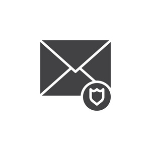 电子邮件保护图标矢量填充平面标志固体象形文字隔离在白色上。 信封和安全屏蔽符号标志插图。