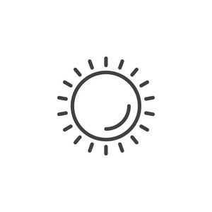 闪亮的太阳轮廓图标。 移动概念和网页设计的线性风格标志。 太阳简单线矢量图标。 符号标志插图。 像素完美矢量图形