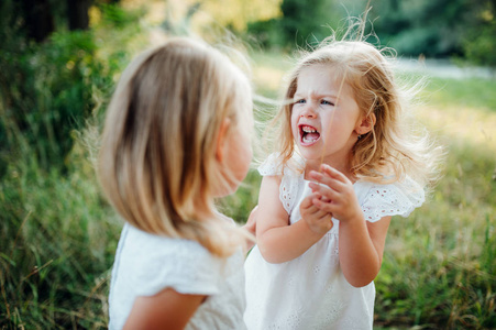 两个愤怒的小女孩朋友或妹妹在户外阳光明媚的夏天自然, 争吵