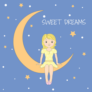 坐在月亮上的漂亮小女孩。 甜蜜的梦。 贺卡。 T恤的图形。