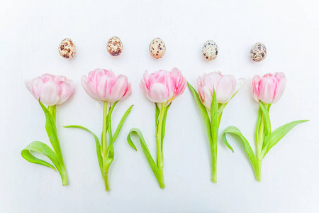 春天的贺卡。 复活节彩蛋和粉红色新鲜郁金香花束在乡村白色木制背景上。 复活节的概念。 平躺顶部视图复制空间。 春花郁金香