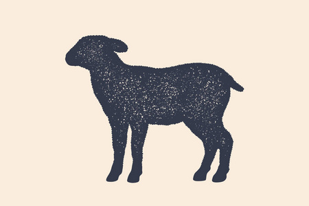 羊羔羊。 农场动物羔羊或绵羊侧视剖面的概念设计。 白色背景上孤立的黑色剪影羔羊或绵羊。 复古印刷海报图标。 矢量插图