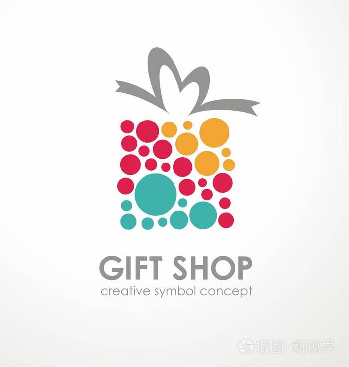 礼品店的标志设计. 礼品盒符号由五颜六色的圆圈制成. 矢量图标.