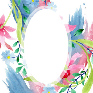 装饰粉红色和蓝色的花卉植物花卉花卉。水彩背景插图集。框架边框装饰正方形