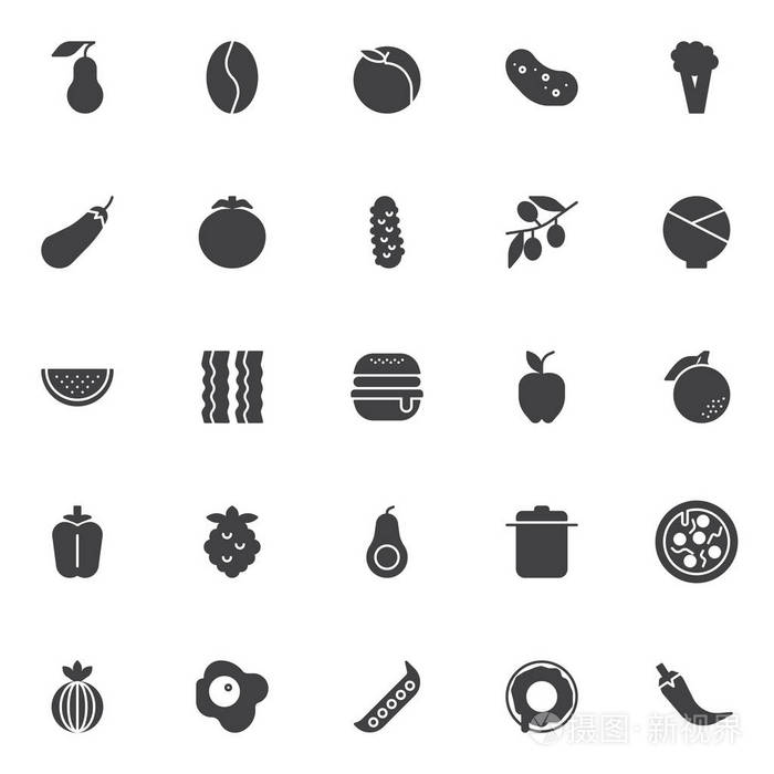 食品营养矢量图标设置现代固体符号集合填充样式象形文字包.