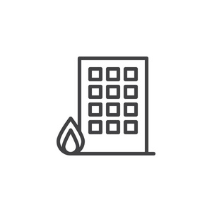燃烧建筑线图标轮廓矢量符号线性风格象形文字隔离在白色上。 消防站符号标志插图。 可编辑行程