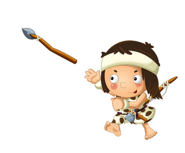 卡通场景与快乐的洞穴人野蛮战士与鱼竿，斧头运行，投掷矛白色背景插图儿童