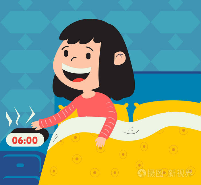 一个微笑的卡通女孩用闹钟早起的矢量插图.