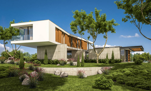 三维渲染现代舒适的房子在山上与车库和游泳池出售或租赁与美丽的景观背景。 晴朗的夏日，蓝天。