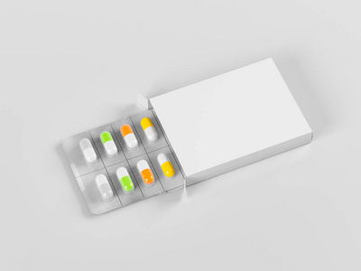 包装水泡与不同颜色的药物药丸胶囊在灰色背景。 模拟模板。 三维渲染图