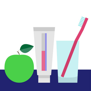 牙齿护理和牙齿概念。牙刷在玻璃，牙贴和绿苹果..矢量图。
