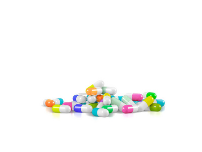 不同的药物药片和胶囊在白色背景上以不同的颜色。 保健概念。 三维渲染插图。