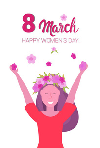 欢快的女人在花圈的花举起手快乐的妇女日3月8日节日庆祝概念女性字符纵向垂直贺卡